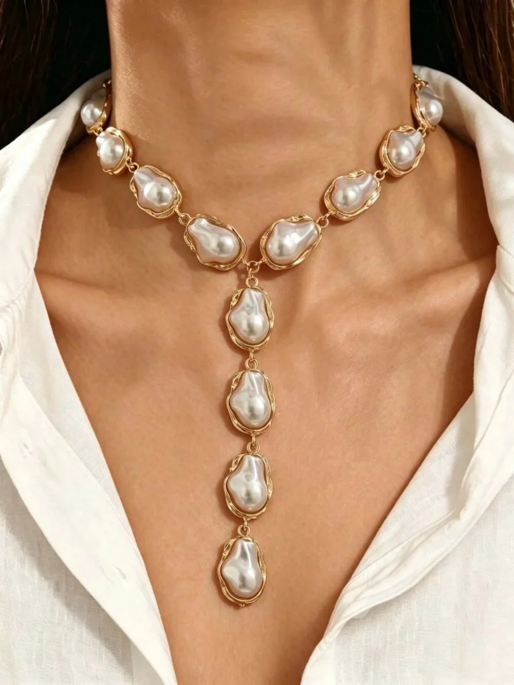 Elegant Women's Luxury Exquisite Faux Baroque Pearl Y-Shaped Necklace